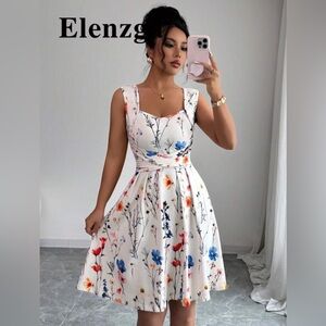 SHEIN Floral Print Midi Dress - White with Blue and Red Accents